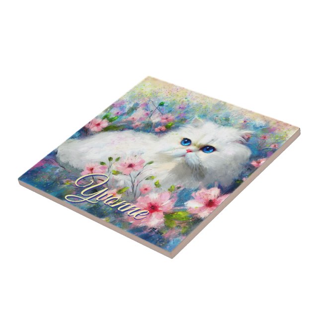 Persian Cat Blue Eyes in Pink Flowers Personalised Tile (Side)
