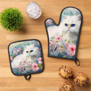 Persian Cat Blue Eyes in Pink Flowers Personalized Oven Mitt & Pot Holder Set