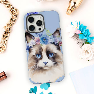 Persian Cat Blue Floral iPhone 15 Pro Max Case