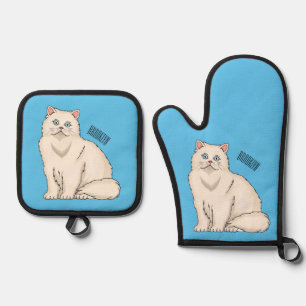 Persian cat cartoon illustration oven mitt & pot holder set