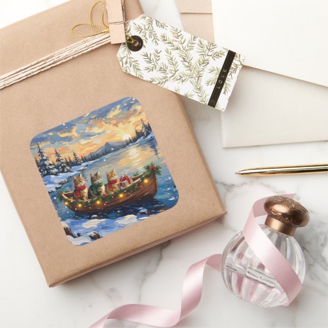 Persian Cat Christmas Boat Holiday Square Sticker (Gifting)