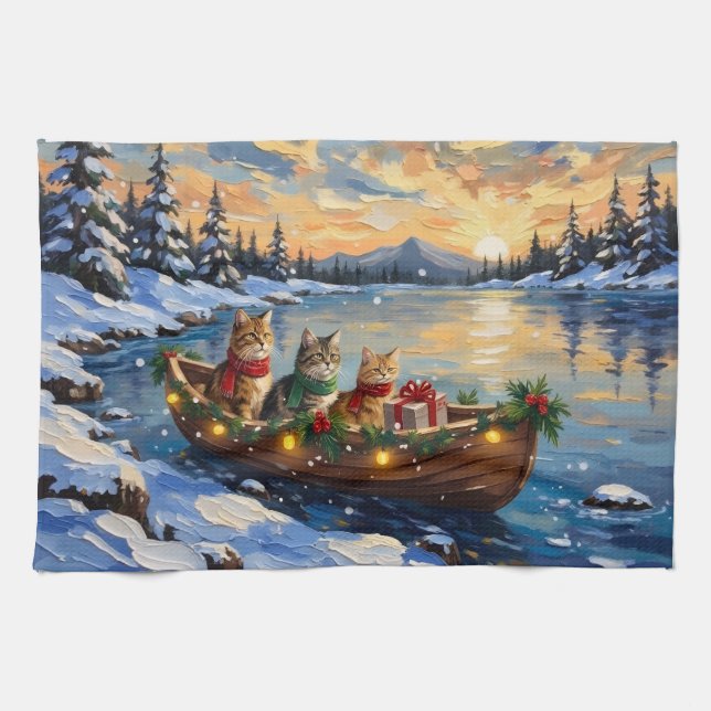 Persian Cat Christmas Boat Holiday Tea Towel (Horizontal)