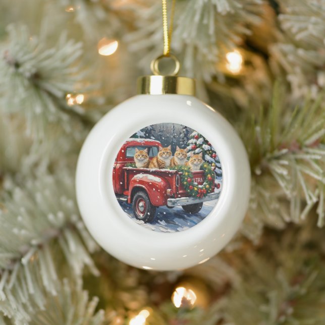 Persian Cat Christmas Red Truck Holiday Ceramic Ball Christmas Ornament (Tree)