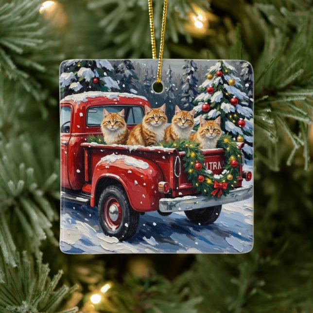 Persian Cat Christmas Red Truck Holiday Ceramic Ornament (Tree)