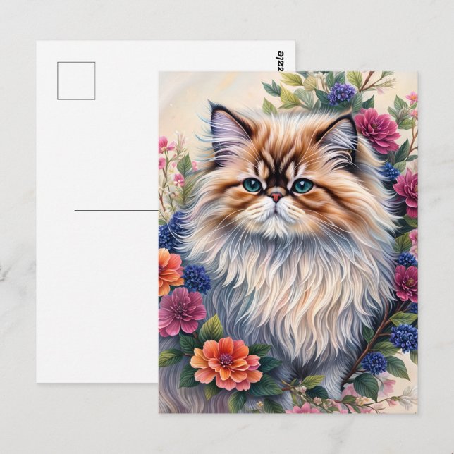 Persian Cat Colourful Floral Art Postcard (Front/Back)