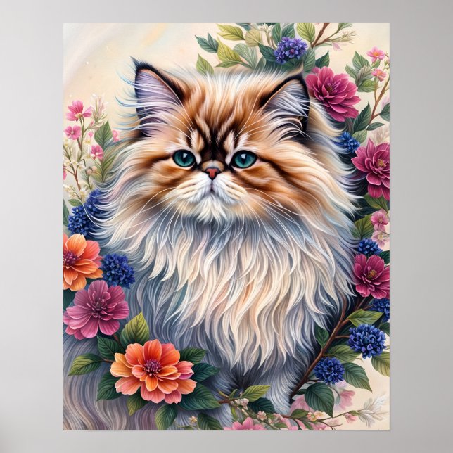 Persian Cat Colourful Floral Art Poster (Front)