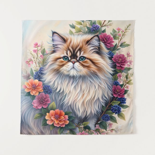 Persian Cat Colourful Floral Portrait Tapestry (Front)