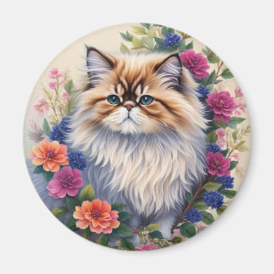 Persian Cat Colourful Flowers Magnet