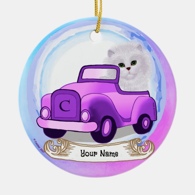 Persian Cat Driving Car  Ceramic Tree Decoration (Front)