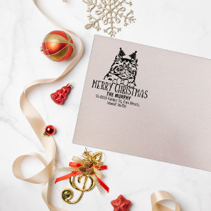 Persian Cat Family Address Christmas Rubber Stamp