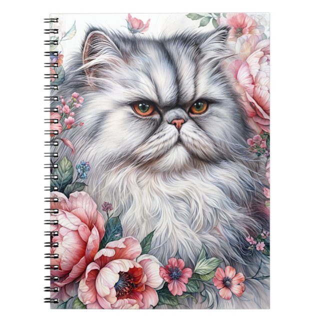 Persian Cat Floral Watercolor Portrait Notebook (Front)