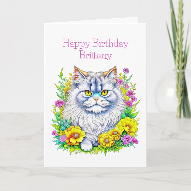 Persian Cat Flowers Personalised Birthday Card (Front)