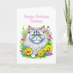 Persian Cat Flowers Personalised Birthday Card