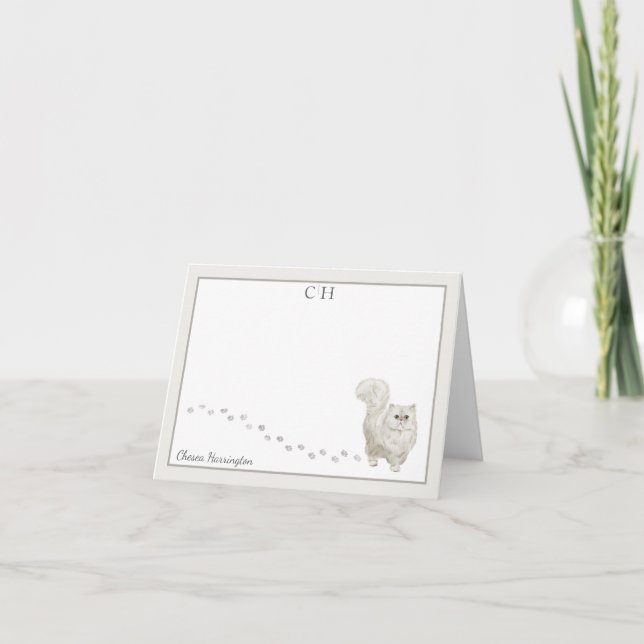 Persian Cat Grey Border Monogram Name Folded Thank You Card (Front)