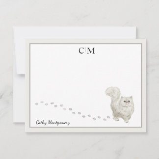 Persian Cat Grey Border Monogram Name Note Card