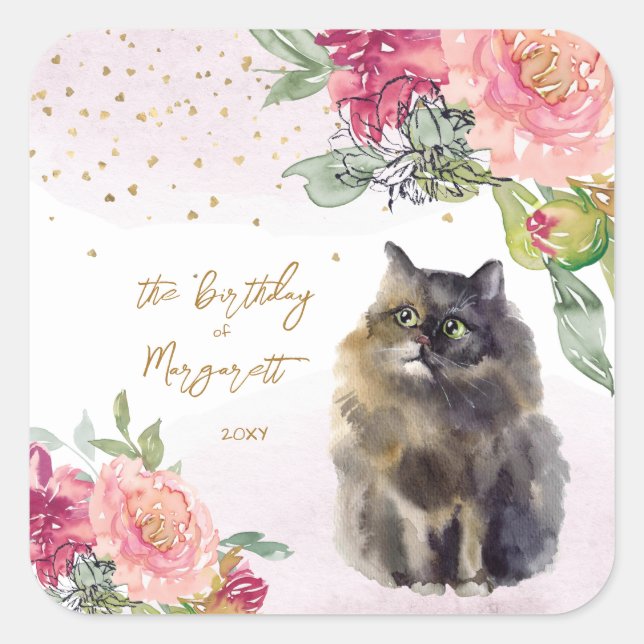 Persian Cat Illustration Happy Birthday Girl Party Square Sticker (Front)