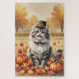 Persian Cat In Autumn Leaves Thanksgiving Art Jigsaw Puzzle