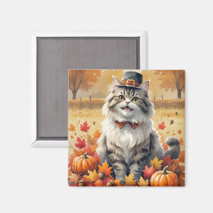 Persian Cat In Autumn Leaves Thanksgiving Art Magnet