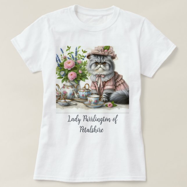 Persian Cat in Floral Hat Pearls at Tea Party T-Shirt (Design Front)