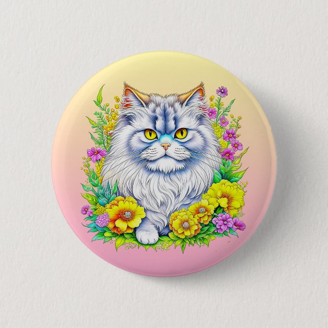 Persian Cat in Flowers Personalised 6 Cm Round Badge (Front)