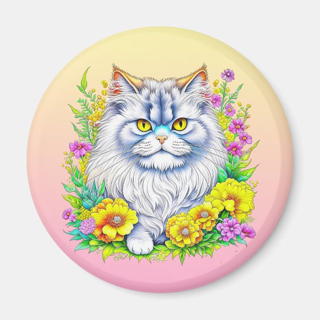 Persian Cat in Flowers Personalised Magnet (Front)
