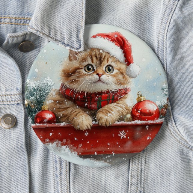 Persian Cat in Sledge Let it Snow Christmas 6 Cm Round Badge (In Situ)