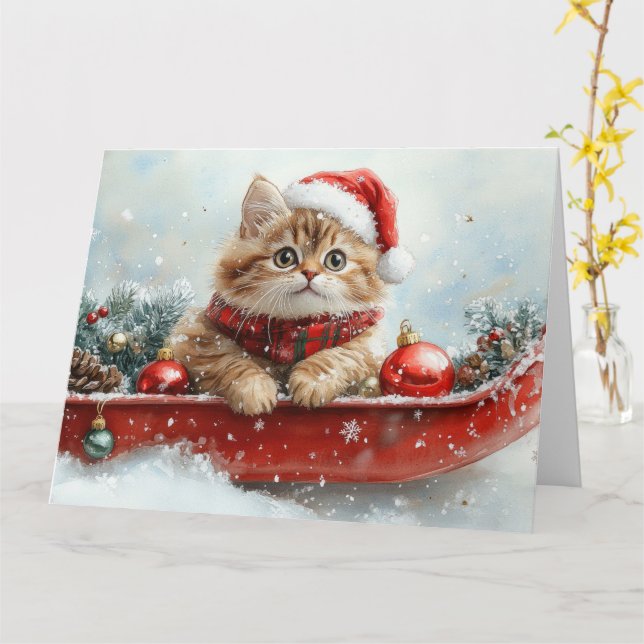 Persian Cat in Sledge Let it Snow Christmas Card (Yellow Flower)