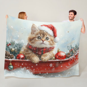 Persian Cat in Sledge Let it Snow Christmas Fleece Blanket