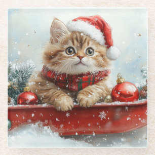 Persian Cat in Sledge Let it Snow Christmas Glass Coaster