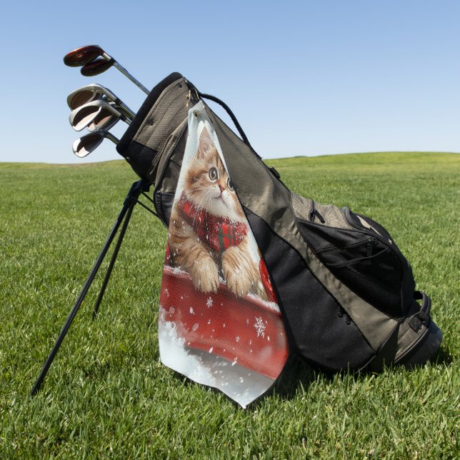 Persian Cat in Sledge Let it Snow Christmas Golf Towel (Green)