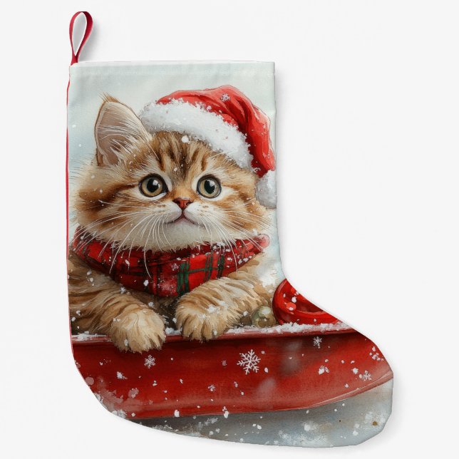 Persian Cat in Sledge Let it Snow Christmas Small Christmas Stocking (Front)