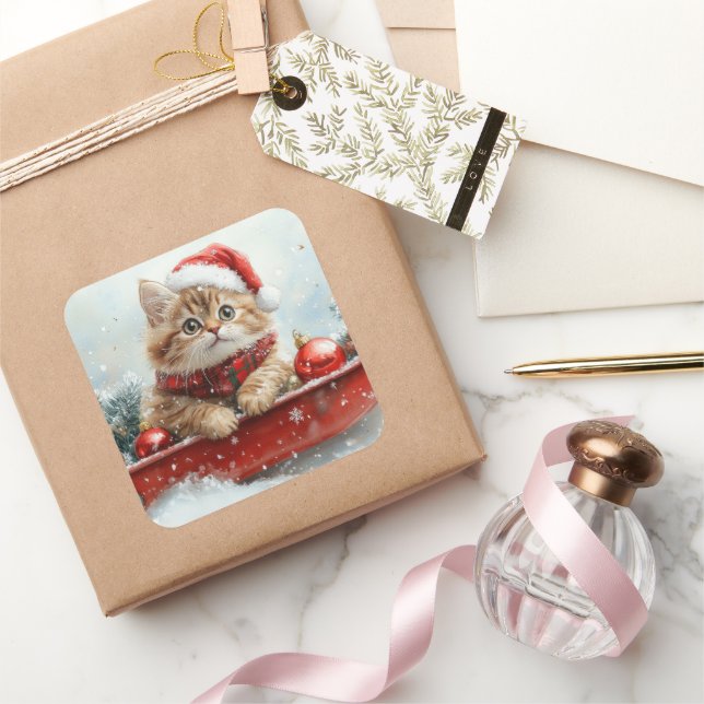 Persian Cat in Sledge Let it Snow Christmas Square Sticker (Gifting)