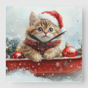 Persian Cat in Sledge Let it Snow Christmas Square Wall Clock