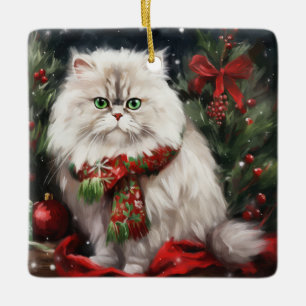Persian Cat in Snow Christmas Ceramic Ornament