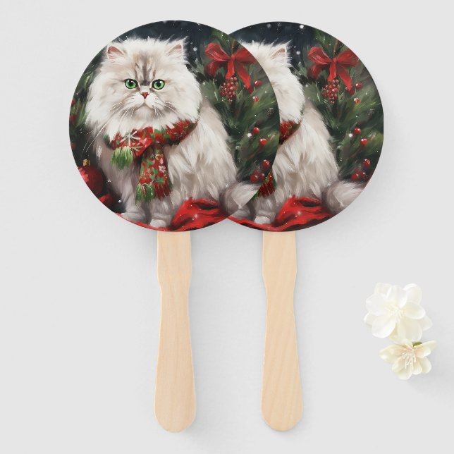 Persian Cat in Snow Christmas Hand Fan (Front and Back)