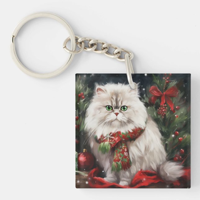 Persian Cat in Snow Christmas Key Ring (Front)