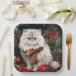 Persian Cat in Snow Christmas Paper Plate