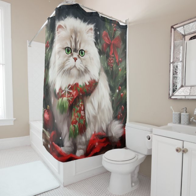 Persian Cat in Snow Christmas Shower Curtain (In Situ)