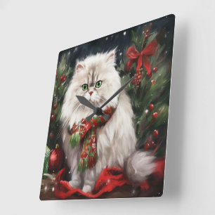 Persian Cat in Snow Christmas Square Wall Clock