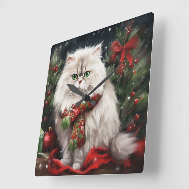 Persian Cat in Snow Christmas Square Wall Clock (Angle)
