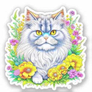 Persian Cat in Yellow and Pink Flowers