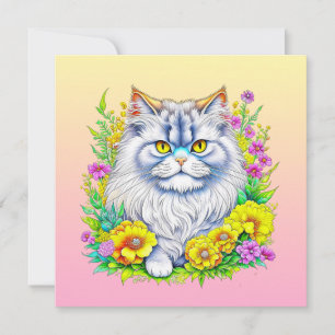 Persian Cat in Yellow and Pink Flowers Blank