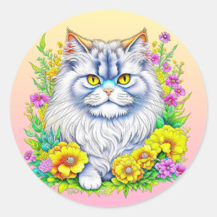 Persian Cat in Yellow and Pink Flowers Classic Round Sticker