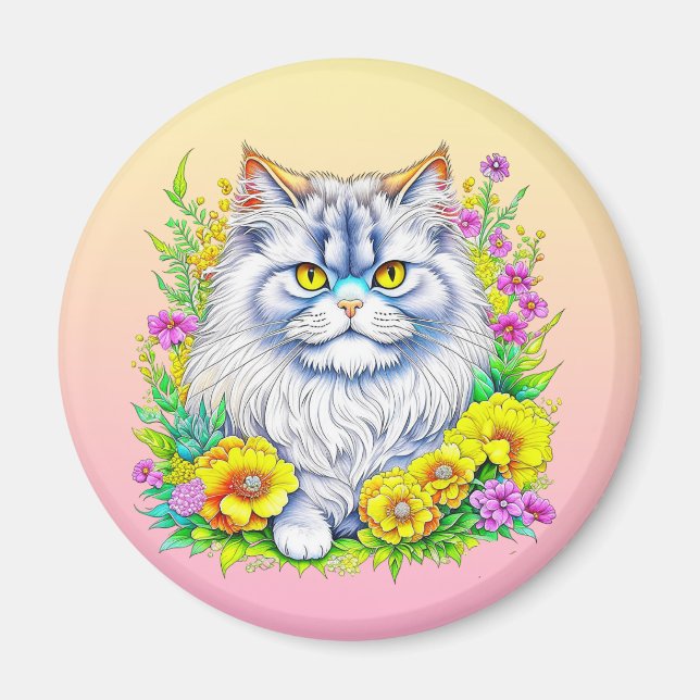 Persian Cat in Yellow and Pink Flowers Magnet (Front)