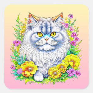 Persian Cat in Yellow and Pink Flowers Square Sticker