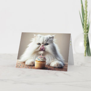 Persian Cat Licking a Birthday Cupcake Card