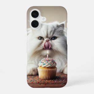 Persian Cat Licking a Birthday Cupcake iPhone 16 Case