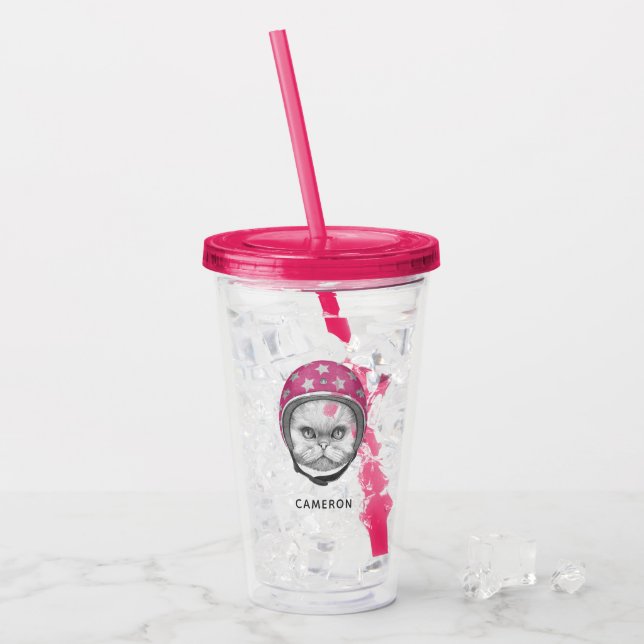 Persian Cat Motorcycle Rider | Add Your Name Acrylic Tumbler (Front Ice)