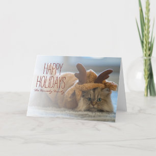 Persian cat on carpet in reindeer costume holiday card
