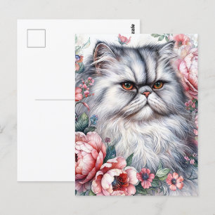 Persian Cat Pink Flowers Watercolor Art Postcard